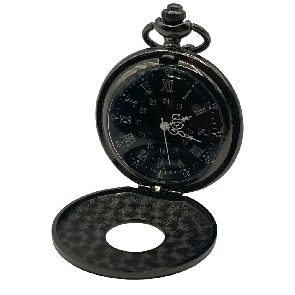 Vintage Black Pocket Watch for Men Roman Numeral Quartz New Battery